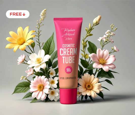 Cosmetic Cream Tube with Flower Mockup   