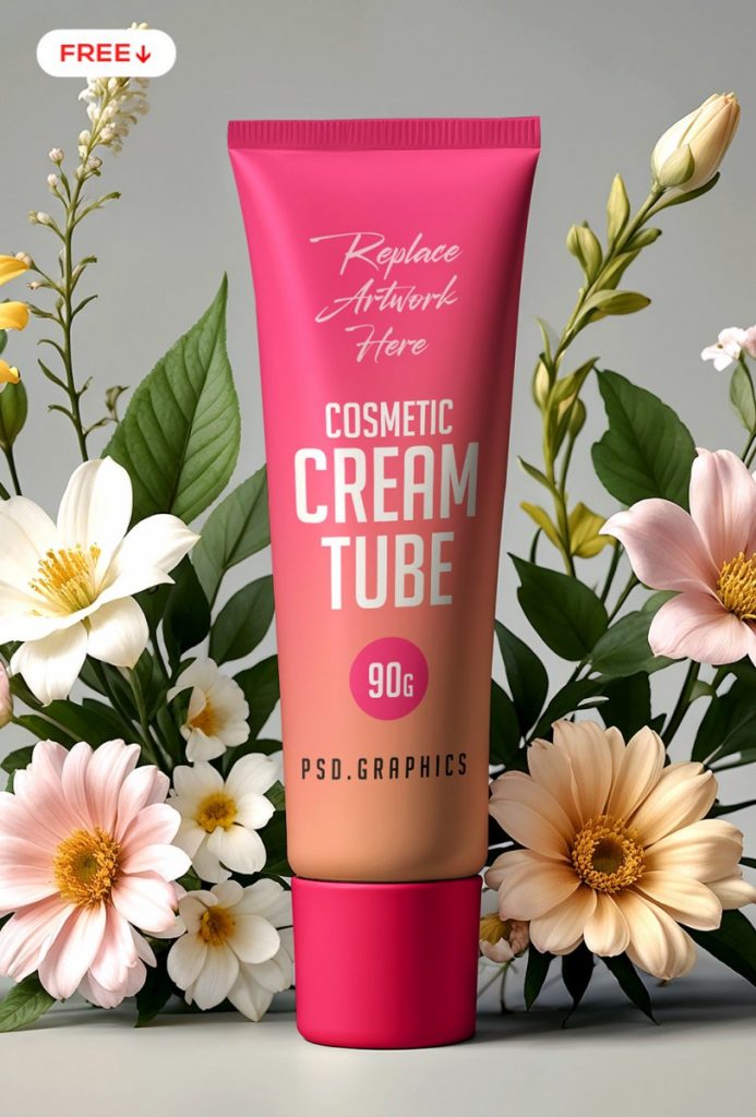 Cosmetic Cream Tube with Flower Mockup   